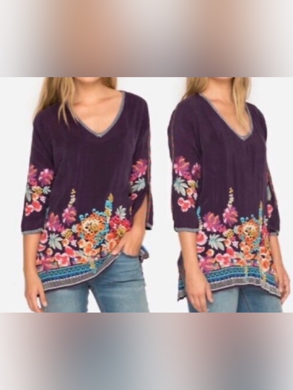 Johnny Was Plum and Multicolor Embroidered V-Neck Tunic - Size S